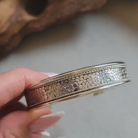 Detailed Silver Cuff Bracelet: Adjustable Ethnic Bangle