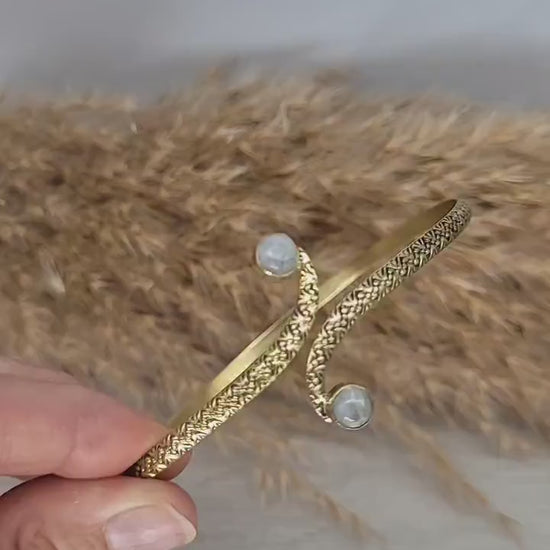 Brass Moonstone Arm Cuff - Adjustable Bangle Bracelet