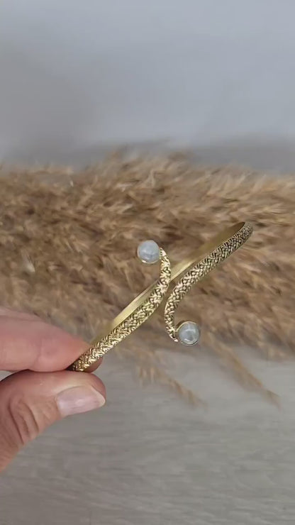 Brass Moonstone Arm Cuff - Adjustable Bangle Bracelet