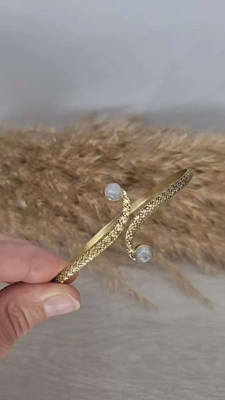 Brass Moonstone Arm Cuff - Adjustable Bangle Bracelet