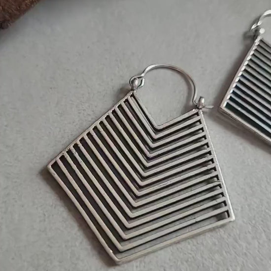 Art Deco Silver Triangle Earrings: Tribal Bohemian Jewelry