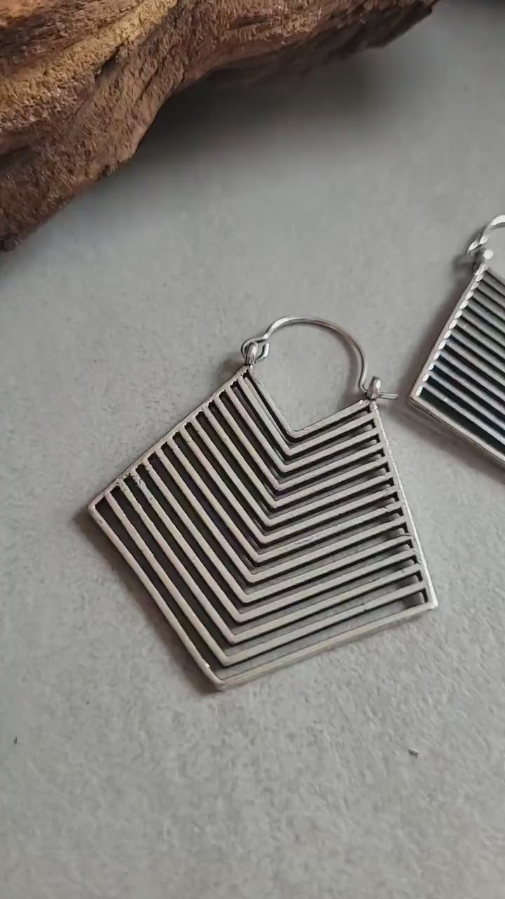 Art Deco Silver Triangle Earrings: Tribal Bohemian Jewelry
