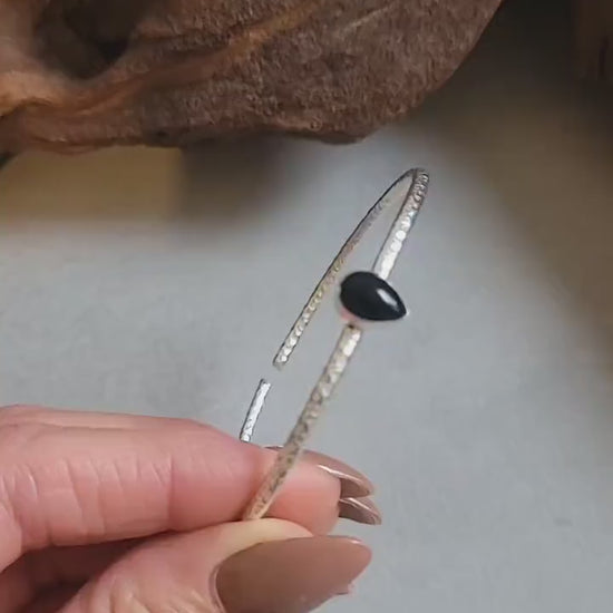 Tourmaline Silver Bangle Bracelet: Adjustable Boho Minimalist Jewelry