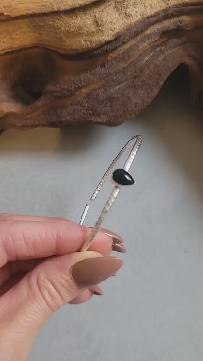 Tourmaline Silver Bangle Bracelet: Adjustable Boho Minimalist Jewelry