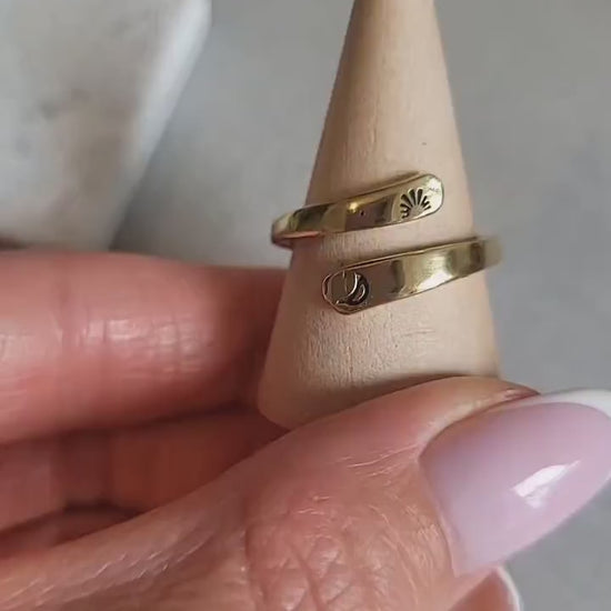 Brass Adjustable Ring: Moon & Sunshine Design - Boho Jewelry