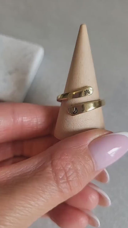 Brass Adjustable Ring: Moon & Sunshine Design - Boho Jewelry