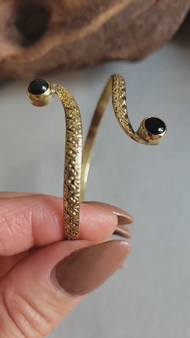 Brass Double Stone Cuff Bracelet: Elegant Minimalist Statement Jewelry