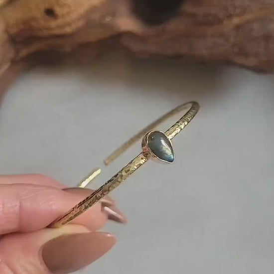 Brass Bangle with Labradorite: Adjustable Gold Bracelet