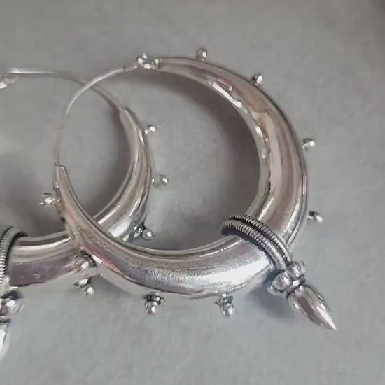 Silver Plated Chunky Hoop Earrings, Boho Tribal Style