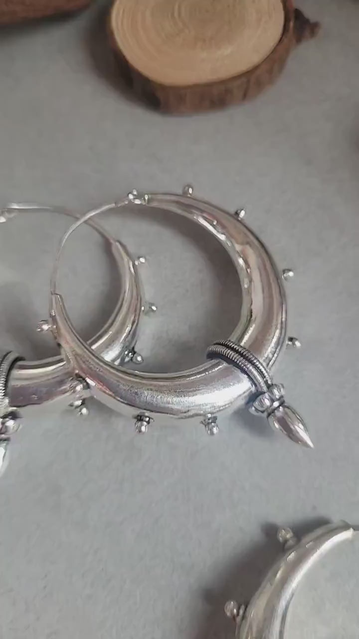 Silver Plated Chunky Hoop Earrings, Boho Tribal Style