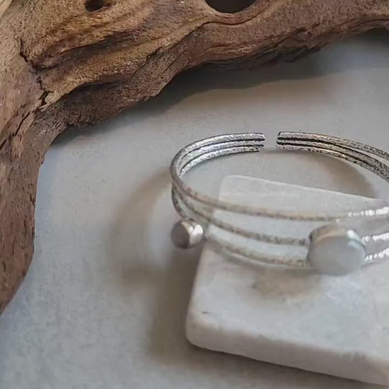 Hammered Silver Cuff Bracelet: Boho Ethnic Bangle with Stones