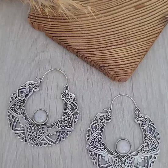 Silver moonstone earrings / Hoops / Detailed hoops / Statement / Gift / Unique / Large earrings