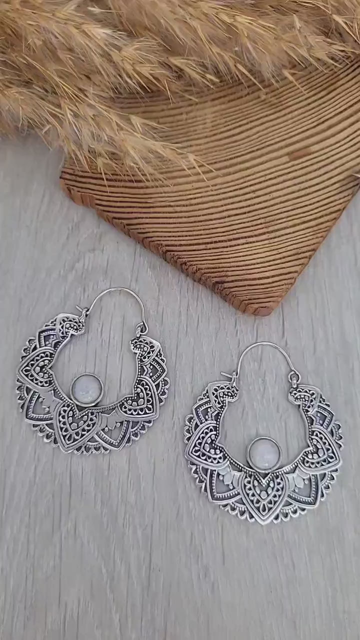 Silver moonstone earrings / Hoops / Detailed hoops / Statement / Gift / Unique / Large earrings