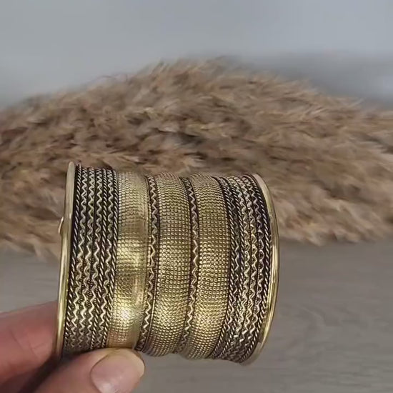 Large Gold Brass Cuff Bracelet: Detailed Boho Tribal Jewelry
