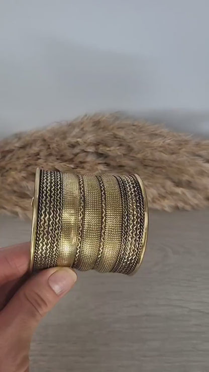 Large Gold Brass Cuff Bracelet: Detailed Boho Tribal Jewelry