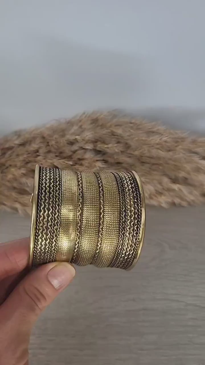 Large Gold Brass Cuff Bracelet: Detailed Boho Tribal Jewelry