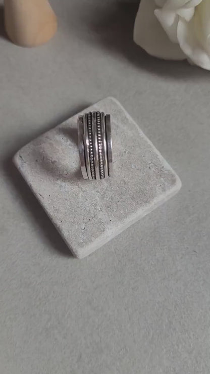 Silver Plated Spinner Ring – Wide Band Ring – Textured Rotating Design – Everyday Mindful Jewellery