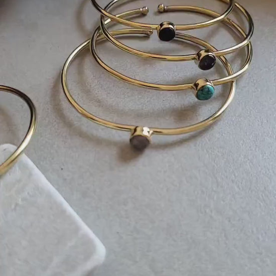 Brass Bangle Bracelet: Tiger Eye Stone, Adjustable, Minimalist Boho