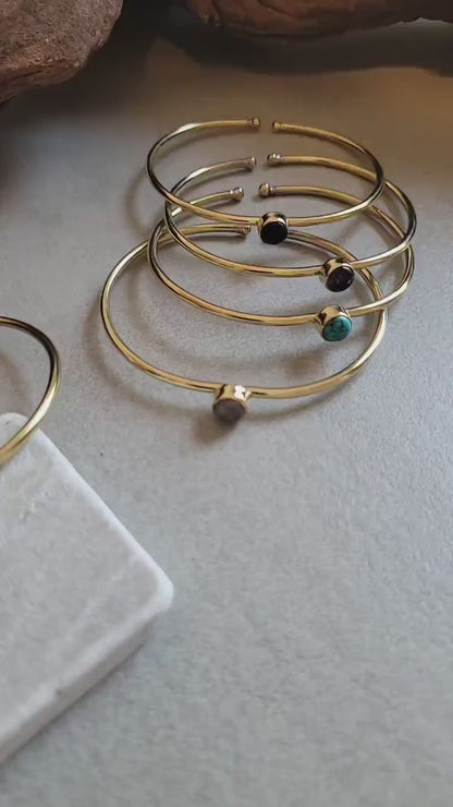Brass Bangle Bracelet: Tiger Eye Stone, Adjustable, Minimalist Boho