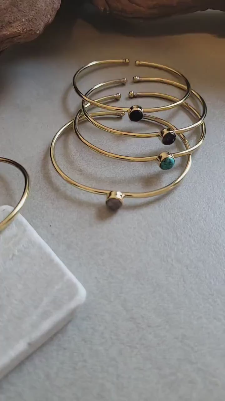 Brass Bangle Bracelet: Tiger Eye Stone, Adjustable, Minimalist Boho
