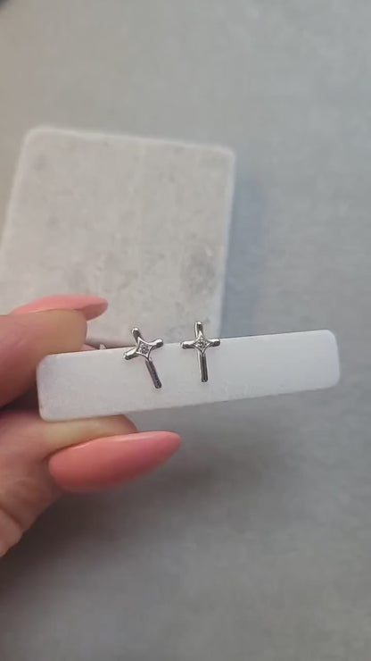 Dainty Sterling Silver Cross Studs: Lightweight Earrings