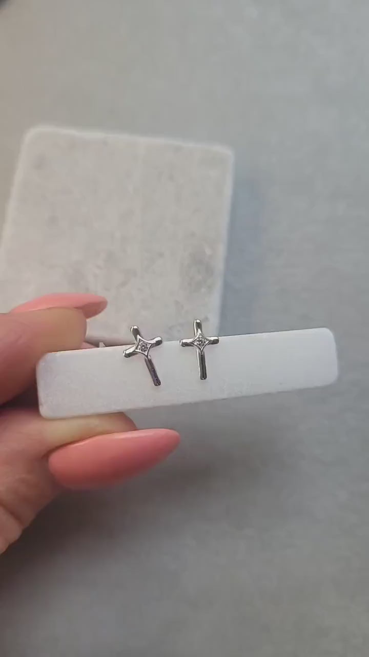 Dainty Sterling Silver Cross Studs: Lightweight Earrings
