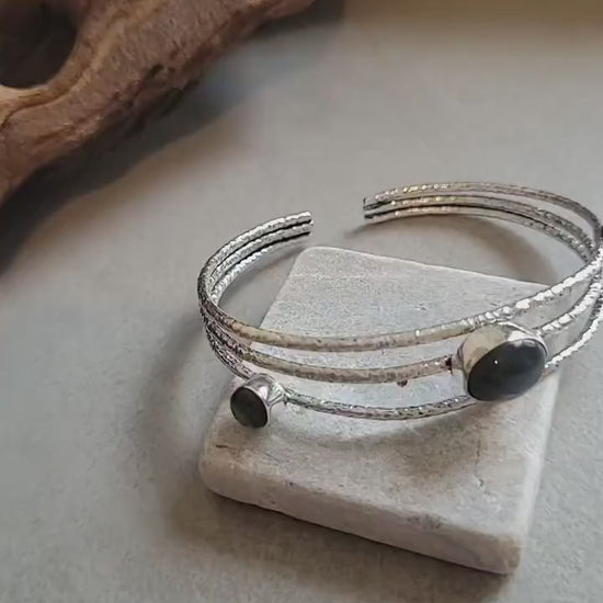 Hammered Silver Cuff Bracelet: Boho Ethnic Bangle with Stones