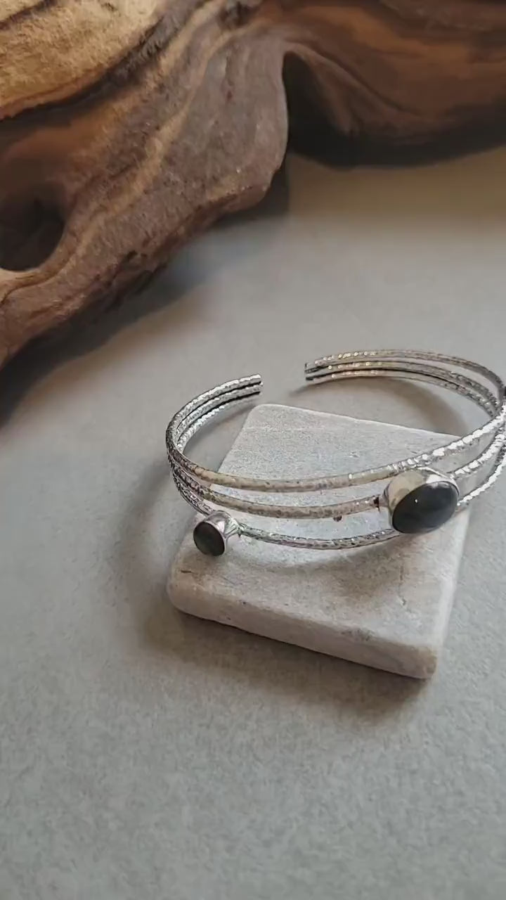 Hammered Silver Cuff Bracelet: Boho Ethnic Bangle with Stones