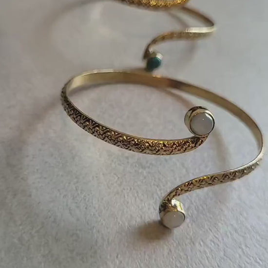 Brass Double Stone Cuff Bracelet: Elegant Minimalist Statement Jewelry