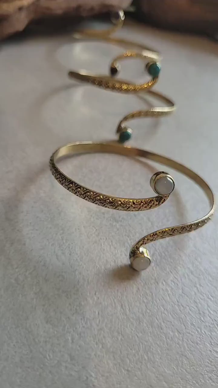 Brass Double Stone Cuff Bracelet: Elegant Minimalist Statement Jewelry