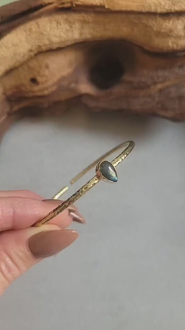 Brass Bangle with Labradorite: Adjustable Gold Bracelet