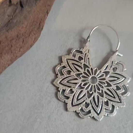 Silver Flower Mandala Earrings: Boho Floral Jewelry / Gift for her