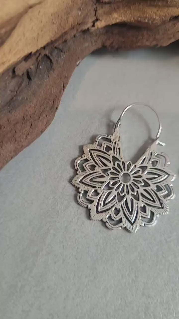 Silver Flower Mandala Earrings: Boho Floral Jewelry / Gift for her