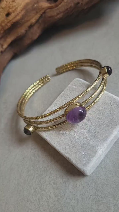 Hammered Brass Cuff Bracelet: Boho Ethnic Style, Three-Stone Design
