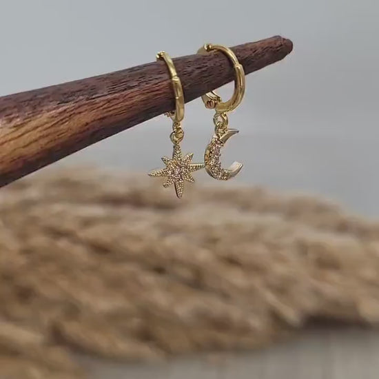Gold huggie hoops / Moon earrings / Star / Hoops / 18k Gold plated / Gift / Cute / Wedding / Bridesmaid / Boho / Ethnic style