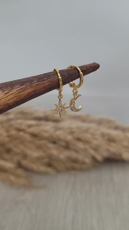 Gold huggie hoops / Moon earrings / Star / Hoops / 18k Gold plated / Gift / Cute / Wedding / Bridesmaid / Boho / Ethnic style