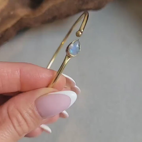 Brass Bangle with Labradorite: Adjustable Minimalist Gold Bracelet