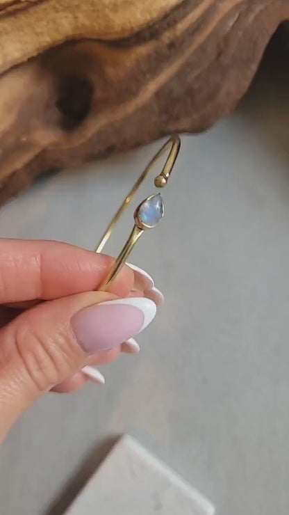 Brass Bangle with Labradorite: Adjustable Minimalist Gold Bracelet