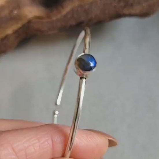 Labradorite Silver Bangle Bracelet: Adjustable Boho Elegant Jewelry