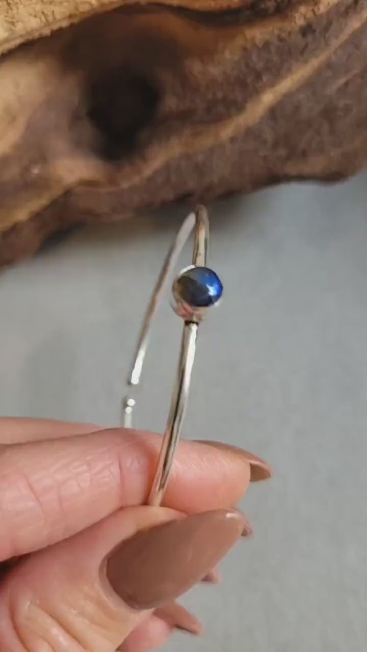 Labradorite Silver Bangle Bracelet: Adjustable Boho Elegant Jewelry