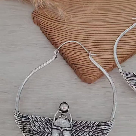 Large scarab beetle earrings / Silver hoops / Big hoops / Statement earrings / Beetle / Gift / Silver jewellery / Tribal