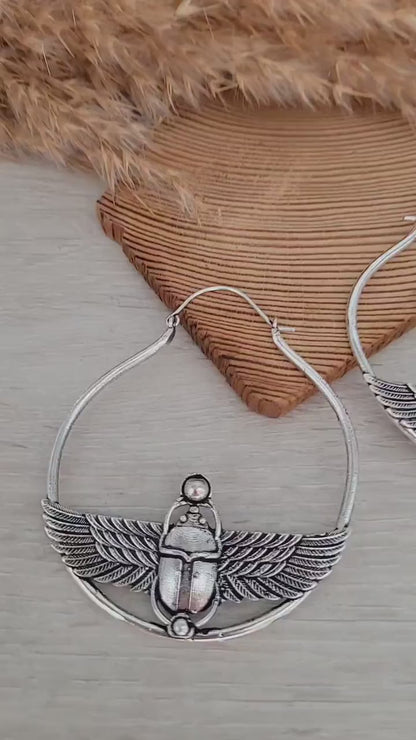 Large scarab beetle earrings / Silver hoops / Big hoops / Statement earrings / Beetle / Gift / Silver jewellery / Tribal