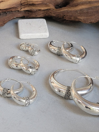 Silver chunky lightweight hoops  / Small hoops / Large earrings  /  Gypsy  /  Bohemian  /  Boho  /  Ethnic hoops / Large hoops / Detailed